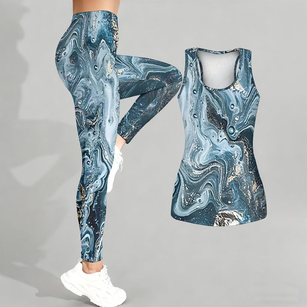 Marmoriertes gedrucktes Yoga-Outfit für Damen Mode-Workout-Leggings Fitness-Sport-Freizeit-Yoga-Set Sportanzug