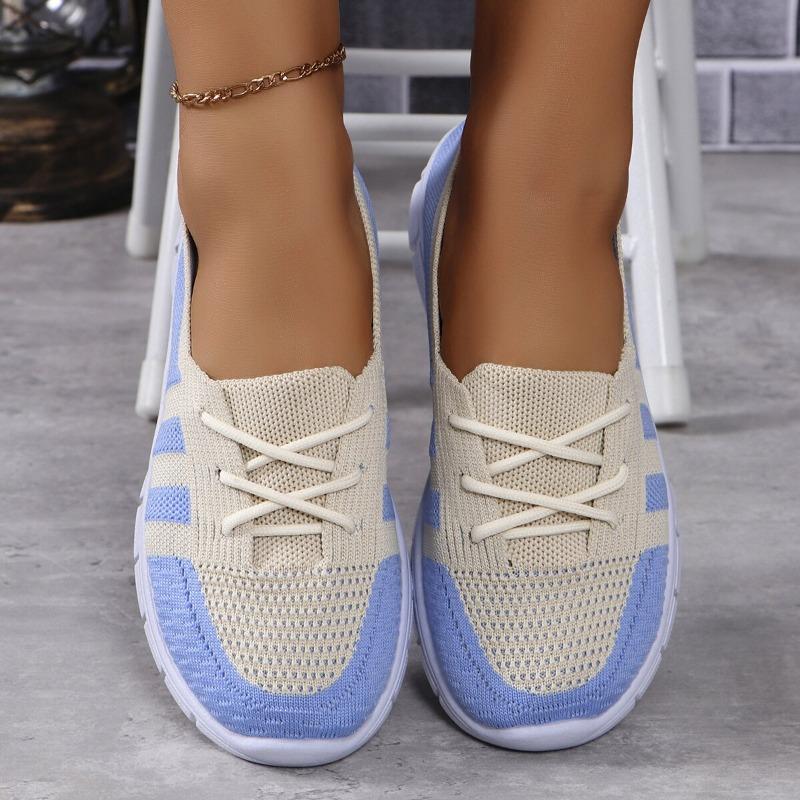 Breathable Knitting Flats Shoes for Women  Autumn Striped Casual Sneakers Woman Comfortable Soft Sole Non Slip Walking Shoes