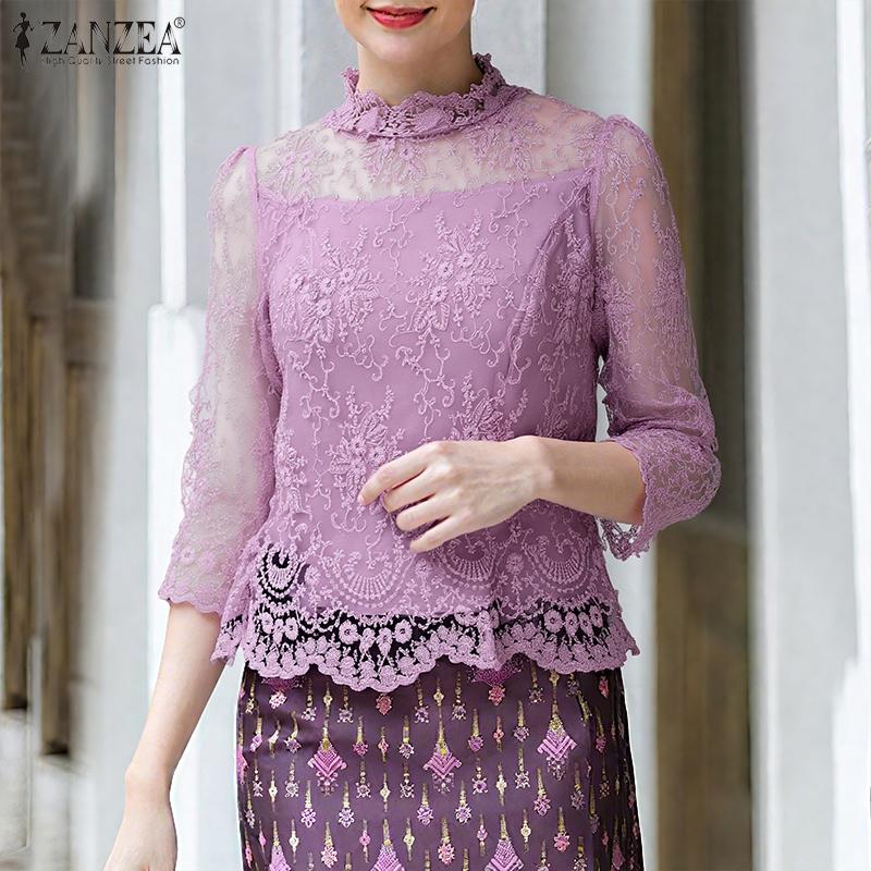 

ZANZEA Womens 3/4 Sleeve Casual See-Through Lace Patchwork Blouse 4XL білий