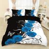 3Pcs Blue Rose Patterned Duvet Cover Set (1 Duvet Cover, 2 Pillowcases, No Filling), White Butterfly Bedding Set, Soft