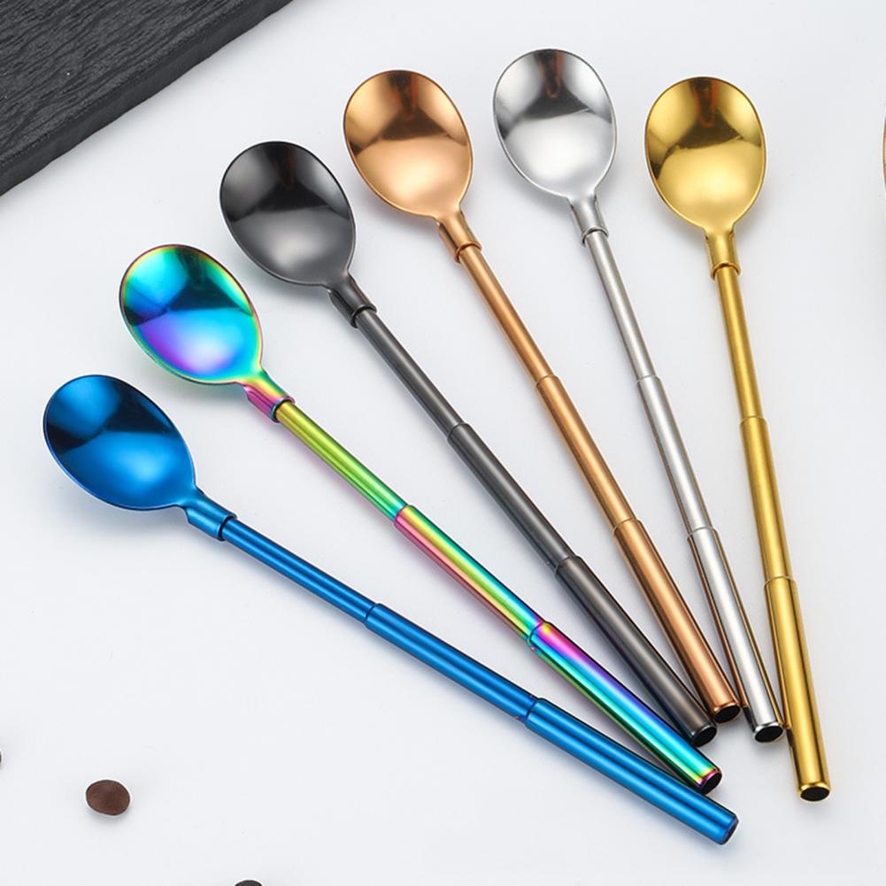 Durable Stainless Steel Straw Stainless Steel Utensil Telescopic Stainless Steel Straw Spoon Tableware Kitchen Supplies