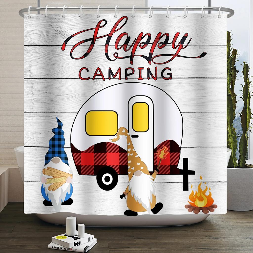 Camper Shower Curtain Happy Camper Trailer Car Rv Forest Mountain Tent Camping Bathroom Shower Curtain Waterproof Bath Curtain