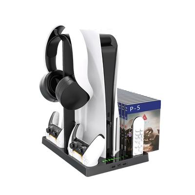 Vertical Stand with Cooling Fan for PS5 Console, Dualsense Charging Station Dock with Dual Controller Charger Ports and Retractable Game Storage Slots
