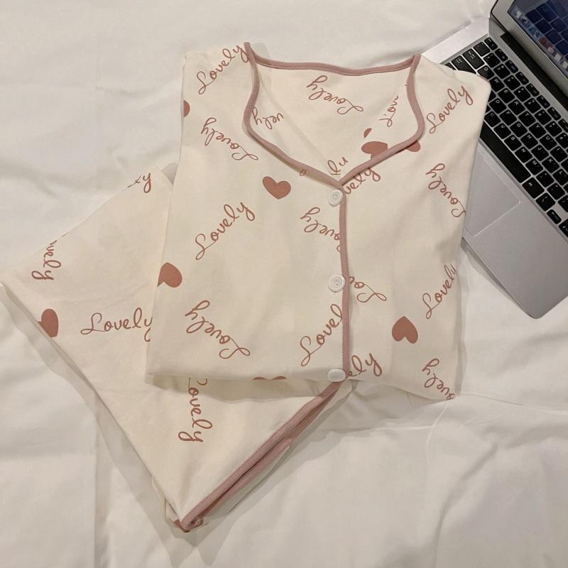 Dámský jarní podzimní dvoudílný pyžamový set s dlouhým rukávem, kalhotami, kardiganem, výstřihem do V, tenký, volný domácí oděv s kreslenou roztomilou malbou