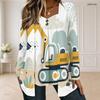 Women Plus Size Square Neck Long Sleeve Cartoon Excavator Print Faux Two Piece T Shirt