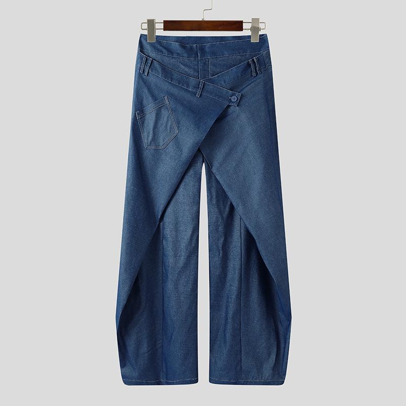 

INCERUN Мужские брюки с запахом на молнии с высокой талией, повседневные брюки с перекрестом спереди и широкими штанинами L