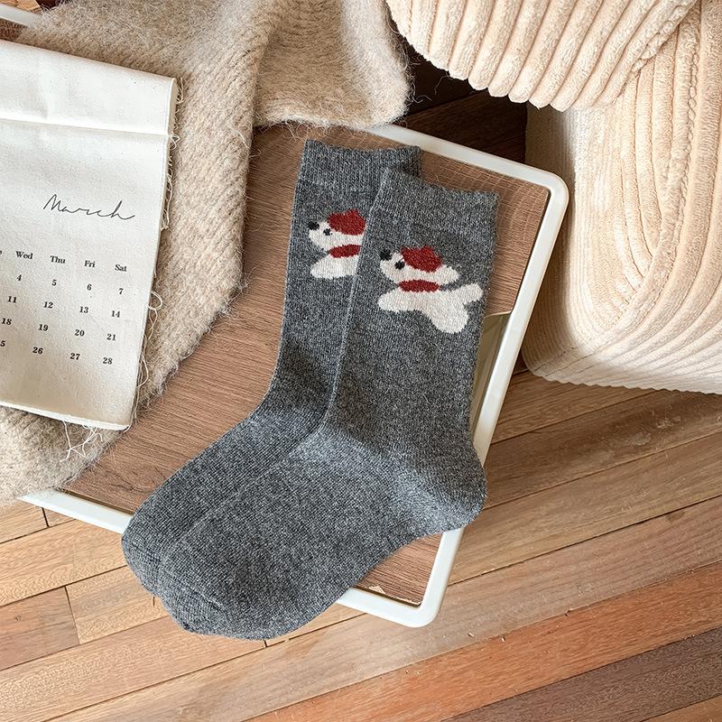 Verdickte Warme Wollsocken für Damen Cartoon Niedlich Schal Welpe Mittellange Socken Vielseitige Stapelsocken Weich Wachsig
