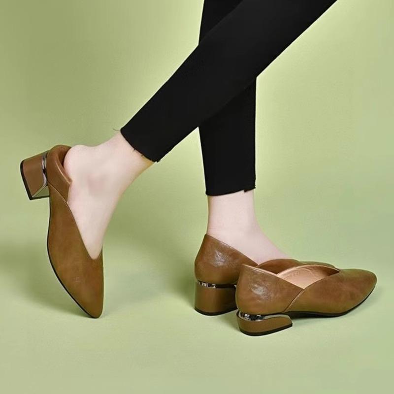 2025 new spring and summer women's shoes pointed thick heel soft leather single shoes brown ladyshoes grandma shoes medium heel Korean version shoes