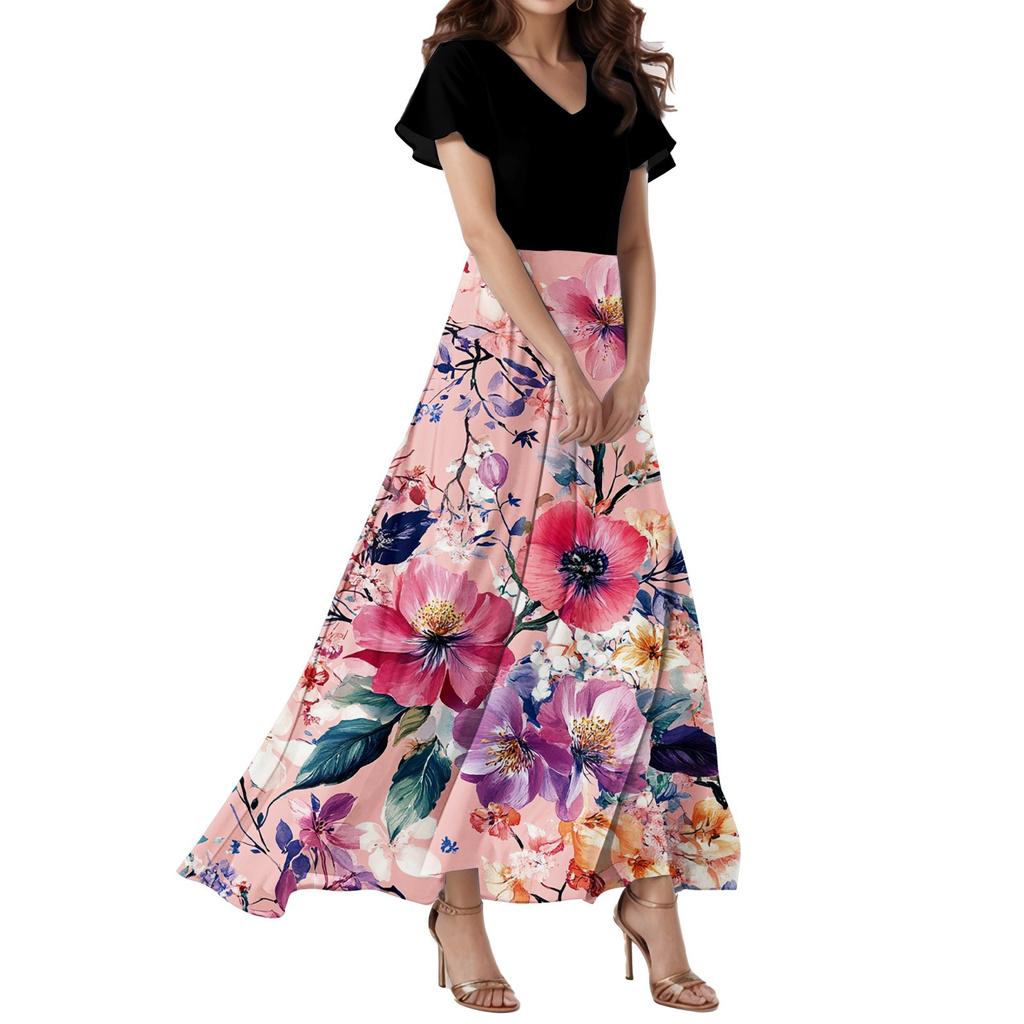 Women's Loose Casual  V-Neck Short Sleeved High Waisted Floral Print Dress Floral Print Dress