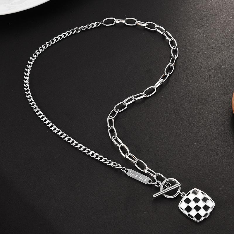 Heart Trendy Shape Titanium Steel Necklace Featuring Stylish Black And White Checkerboard Design