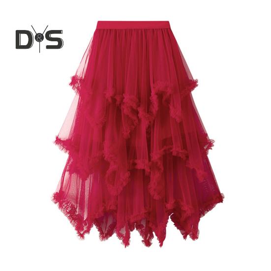 Dámská dortová sukně s polovičním pasem, elastickým pasem, nepravidelným lemem, midi sukně, jednobarevná, síťovaná, kolová, dlouhá sukně, pro každodenní nošení