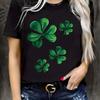[Casual Style] Women's St. Patrick's Day Black T-Shirt with Vibrant Green Shamrock Print - Casual Short-Sleeved Round Neck, Ligh