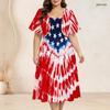Women Plus Size Two Piece Set American Flag Printed Batwing Sleeve Cropped Shrug Strappy Flared Dress