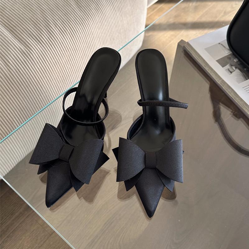 Fashion SUOJIALUN 2025 Summer New Brand Women Slipper Fashion Big Bow-knot Slip On Mules Sandal Shoes Thin High Heel Outdoor Dress Pumps