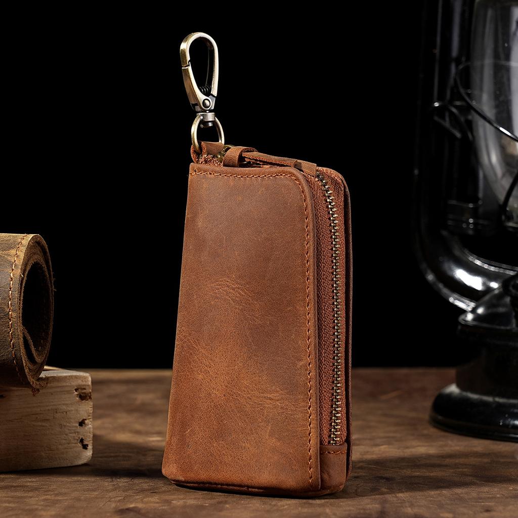 Carabiner-Attachable Crazy Horse Leather Key Pouch, Vintage Bucket Zipper Key Holder, Bag-Mountable Key Organizer Wallet Unisex