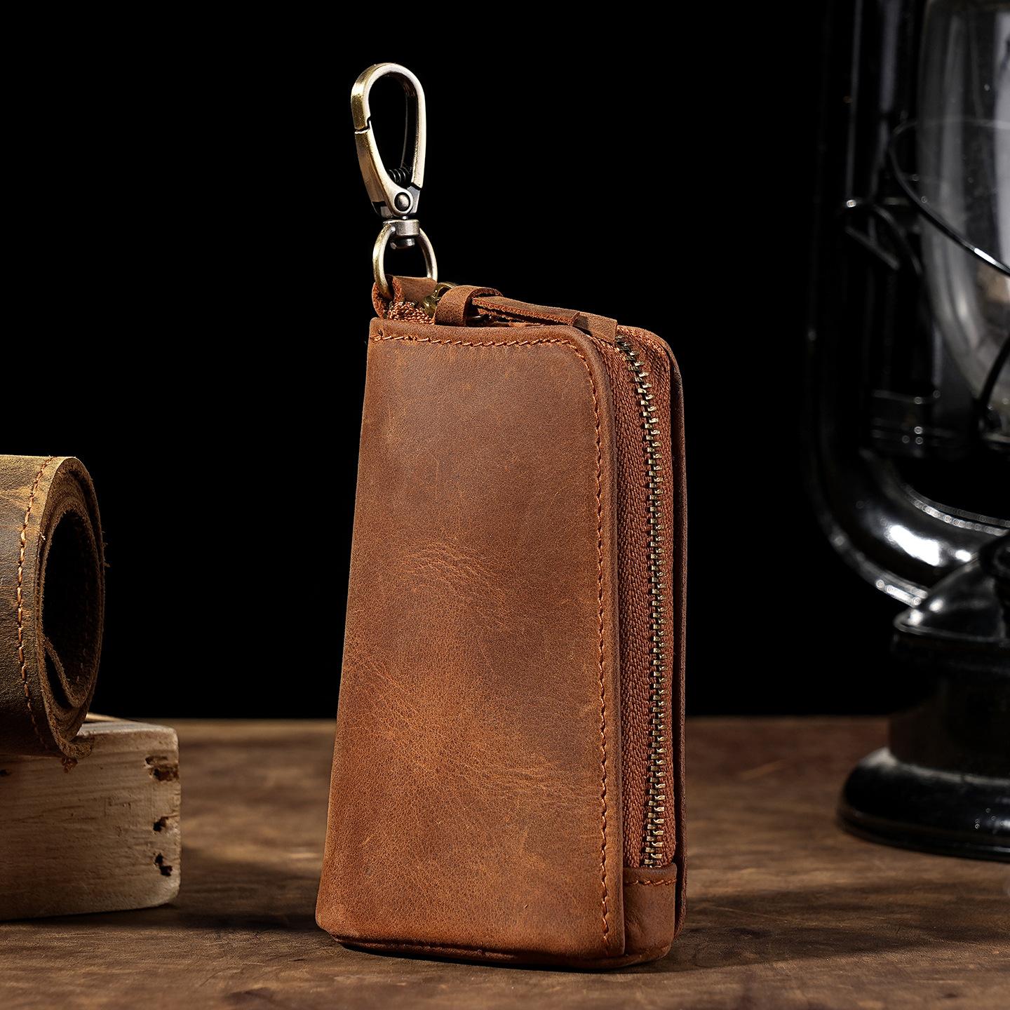 Karabijnhaak-Bevestigbare Crazy Horse Leer Sleuteletui, Vintage Emmer Rits Sleutelhouder, Aan Tas Bevestigbare Sleutel Organizer Portemonnee Unisex