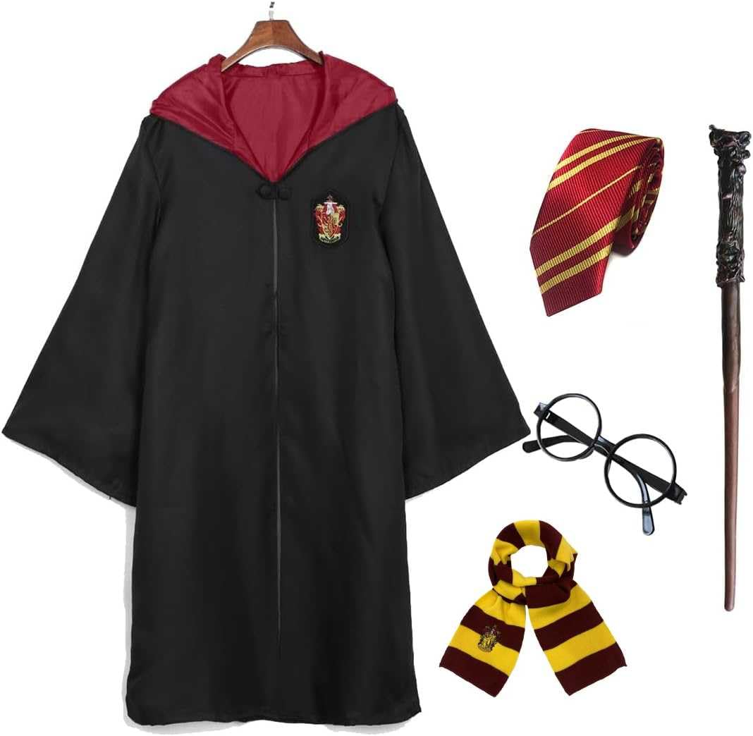 

[SCLYX] Harry Potter Gryffindor Hufflepuff Slytherin Ravenclaw Cosplay Costume 5-Piece Set for Adults, Unisex, Magic Robe #25021 (Gryffindor,