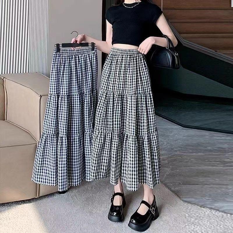 Women's Summer Elastic Waist Tiered Cake Skirt - Vintage High-Waist Paneled A-Line Pleated Midi Skirt for Hip Coverage & Slimming