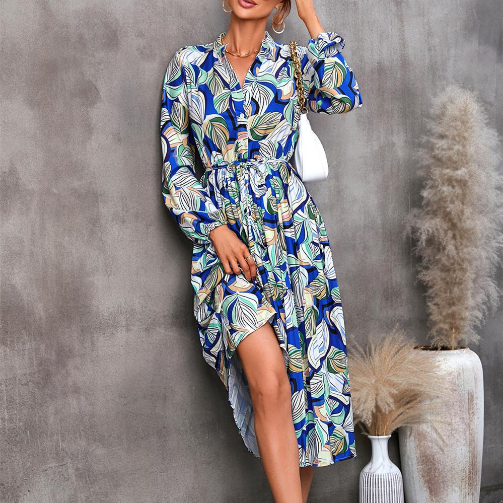 QICED Women's Fashion Autumn Winter Floral Print Long Sleeve V-Neck Casual Dresses