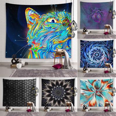 Personality Colorful Cat Tapestry Psychedelic Geometric Mandala Wall Art Tapestry Hippie Bohemian Tapestry Room Home Decor