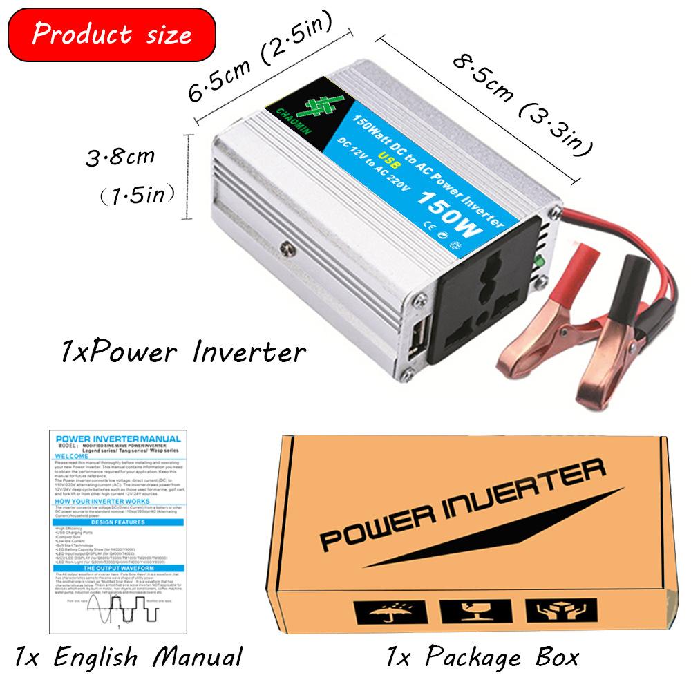 Wechselrichter 12V auf 220V/110V, 100W/150W/200W/250W Auto-Wechselrichter USB