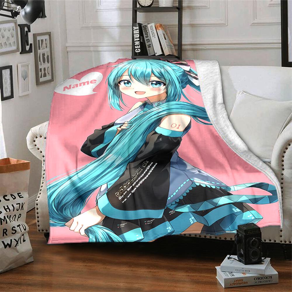 Custom Name Hatsune Miku Theme Printed Blanket - Perfect for Couch, Bed, Travel & Outdoor Use | Machine Washable, Cozy & Durable.