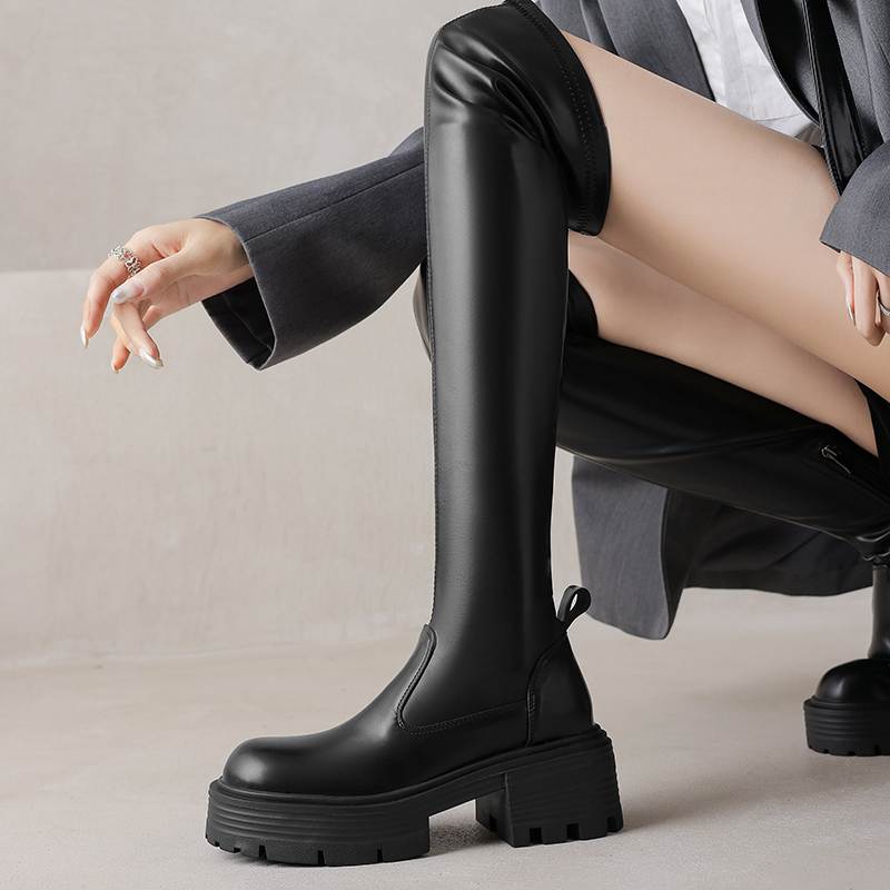 Krazing Pot Microfiber Autumn Winter Shoes Thick Bottom Flat Platform Size 43 Long Boots Zipper Over-the-knee Boots