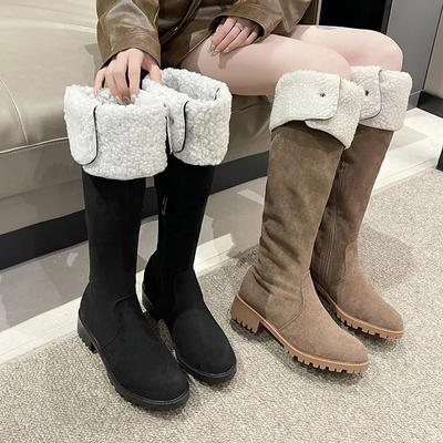 Winter Fur Women's Over The Knee High Boots Fashion Fur Suede Short Plush Long Botas Square Heel Shoes Women's Footwear 2024