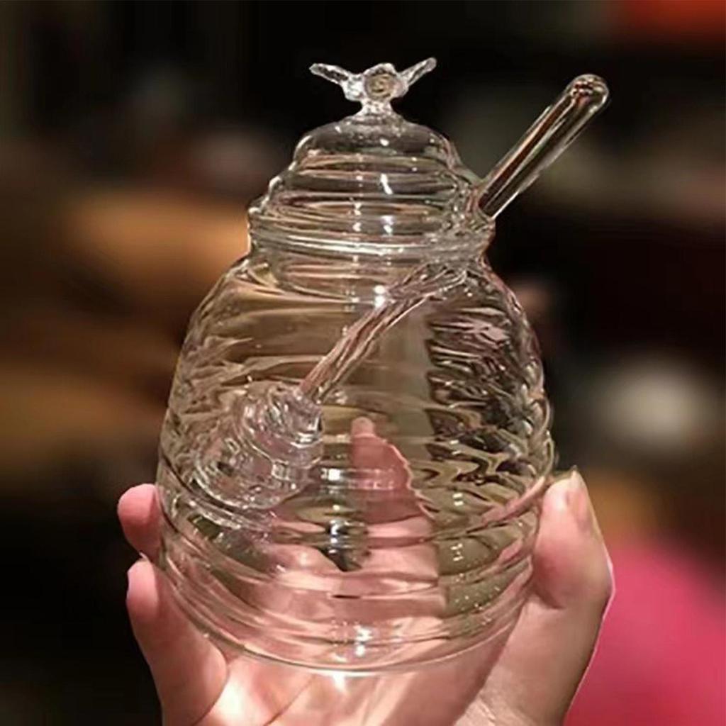 Glass Honeycomb Tank Kitchen Tools Honey Storage Container with Dipper and Lid Honey Bottle for Wedding Party Dining