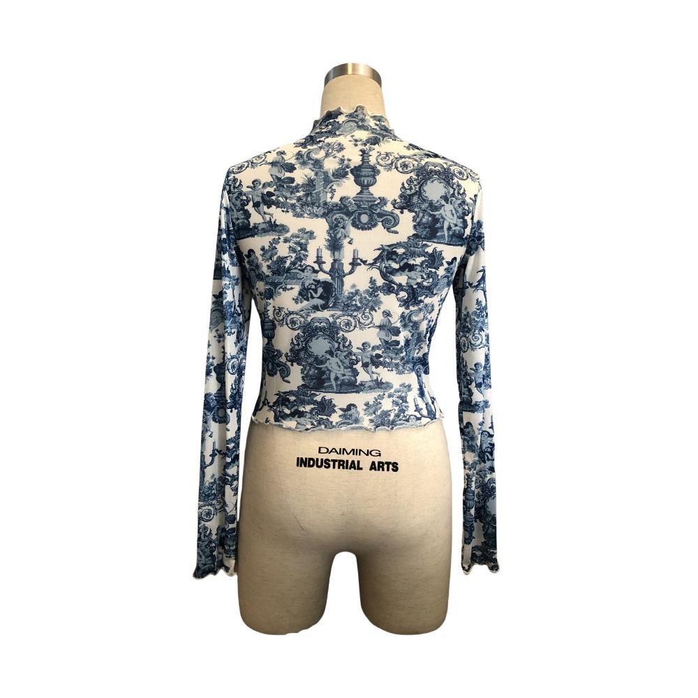 Vår Sommar Dam Genomskinlig Blå Tryckt Långärmad Liten Ståkrage Mesh Kort T-shirt
