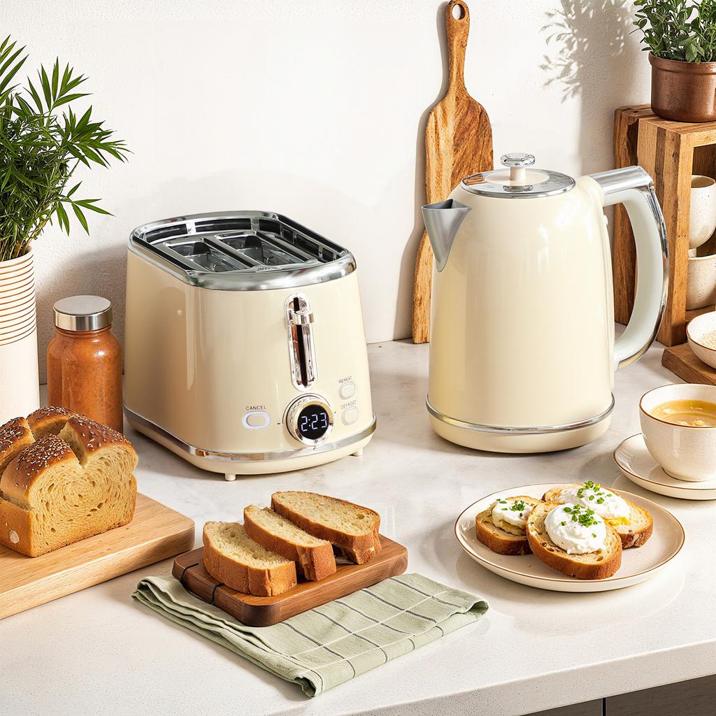 Polished Retro 40-100 Degrees C Kettle and Toaster Set - Cream