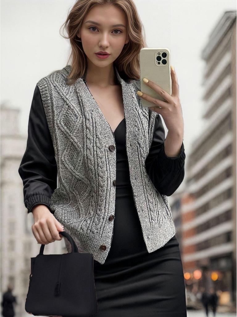 Speckled Dots Retro Diamond Button V-neck Sleeveless Autumn/Winter Women's Cardigan Vest
