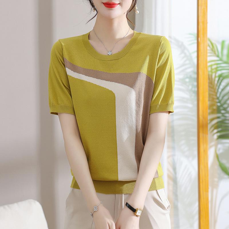 Young Mother's Stylish Ice Silk Knit Short Sleeve T-Shirt
