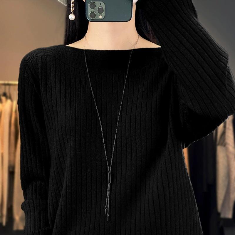 

Тонкий свитер свободного кроя женский осенне-зимний с открытыми плечами, длинным рукавом, вязаный базовый топ 2XL чёрный