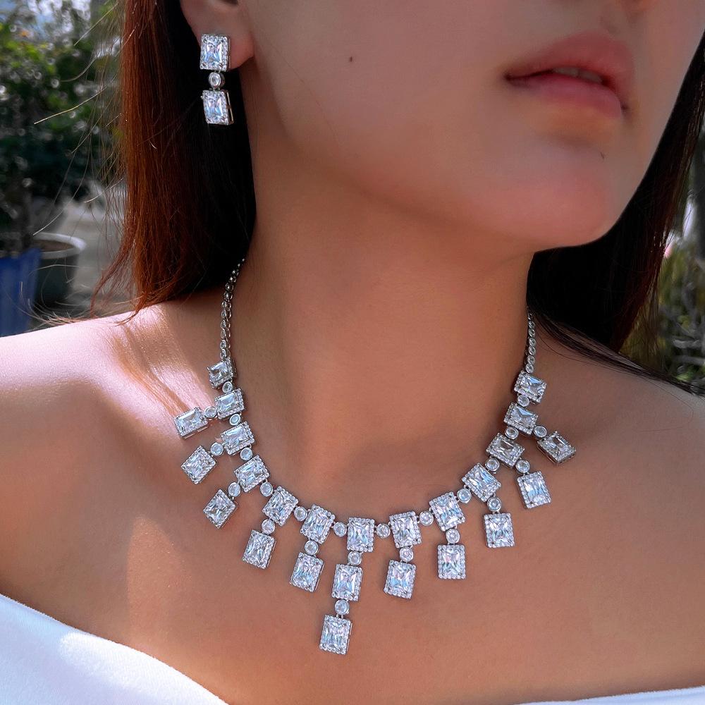 Bright Diamond Jewelry Necklace Earrings Bridal Wedding Dinner Jewelry Zircon Dress Accessory Set Chain