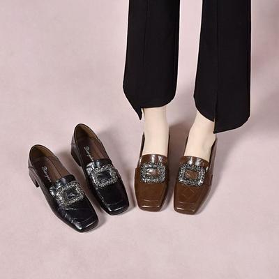 Eckige Zehenpartie kleine Lederschuhe Damen Frühling neu eckige Schnalle Strass ein Pedal niedriger Absatz kleine Einzelschuhe
