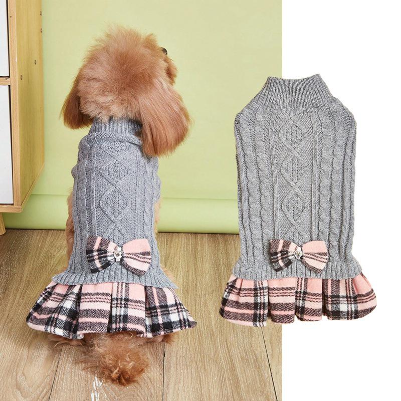 Pet Fall/Winter Outfit: Knit Sweater & Plaid Skirt with Bow-Tie for Dogs and Cats, Faux Two-Piece Design