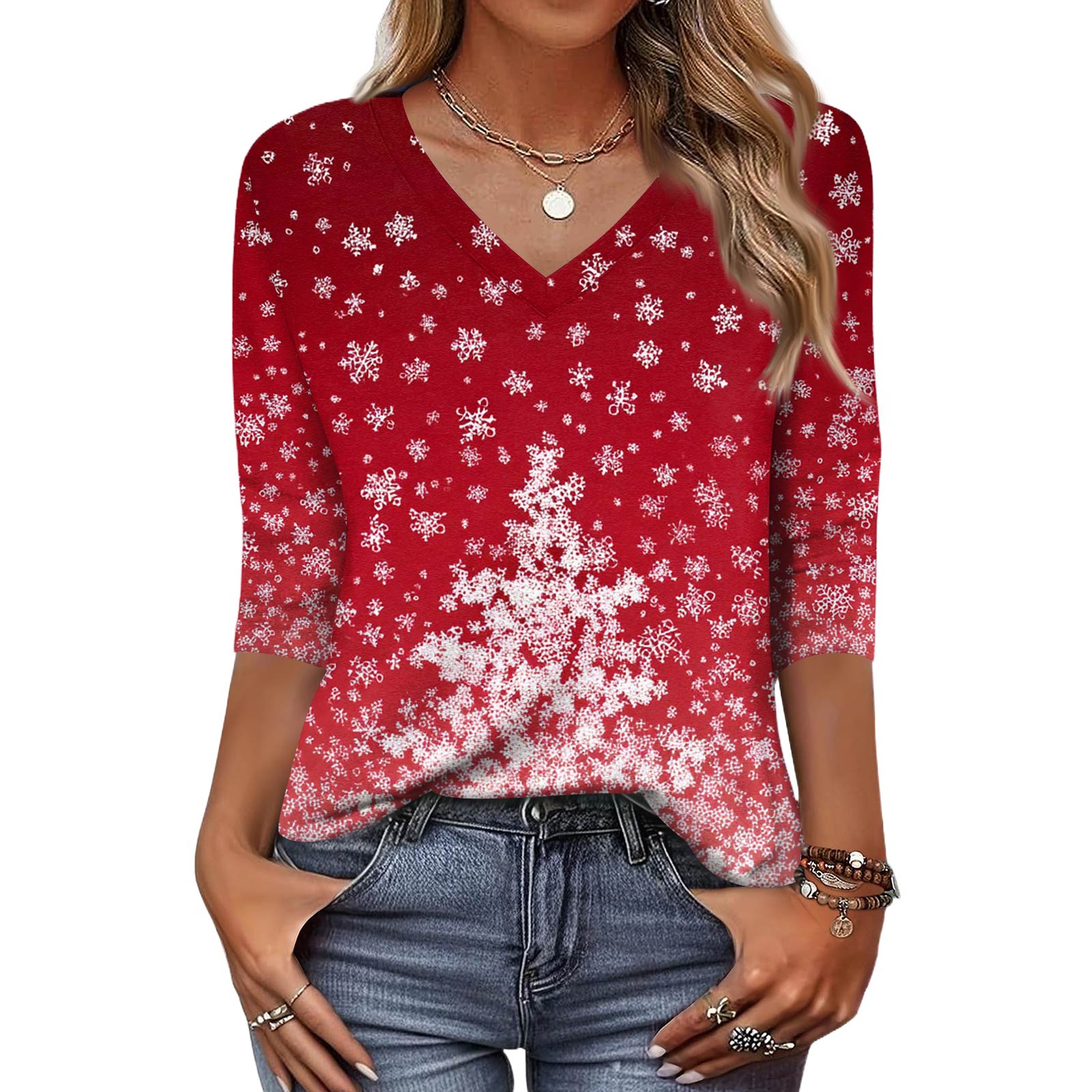 

Модный винтажный топ с рукавом 3/4 для женщин, женская повседневная футболка с рукавом три четверти, V-образным вырезом и принтом XL красный