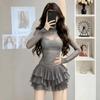 Sexy Solid Color Mesh Stitching Long-sleeved Turtleneck Cake Skirt Women's Spring Senior French Banquet Dress Short Skirt