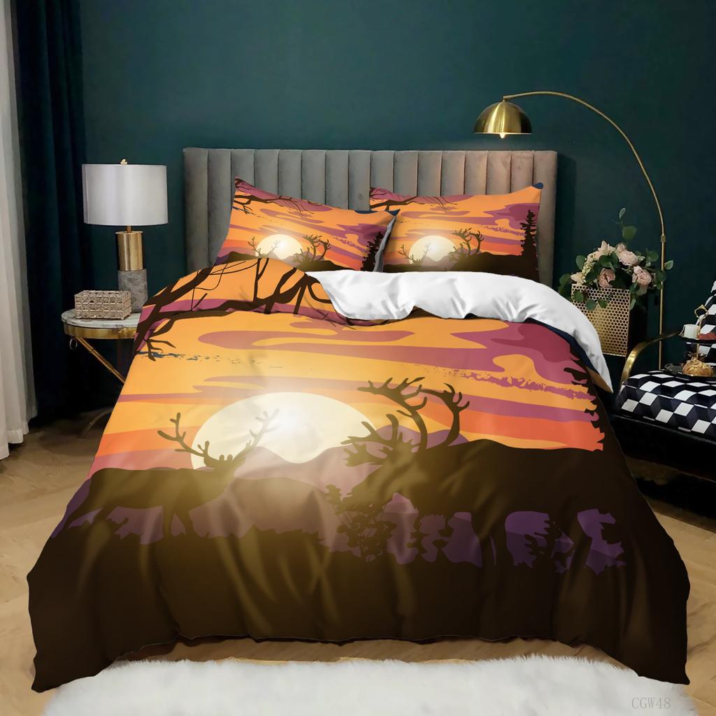 Deer Duvet Cover King/Queen SizeWildlife Bucks Fire Pattern Print Bedding Set For Teens Adults MenBrown Elk Animal Quilt Cover