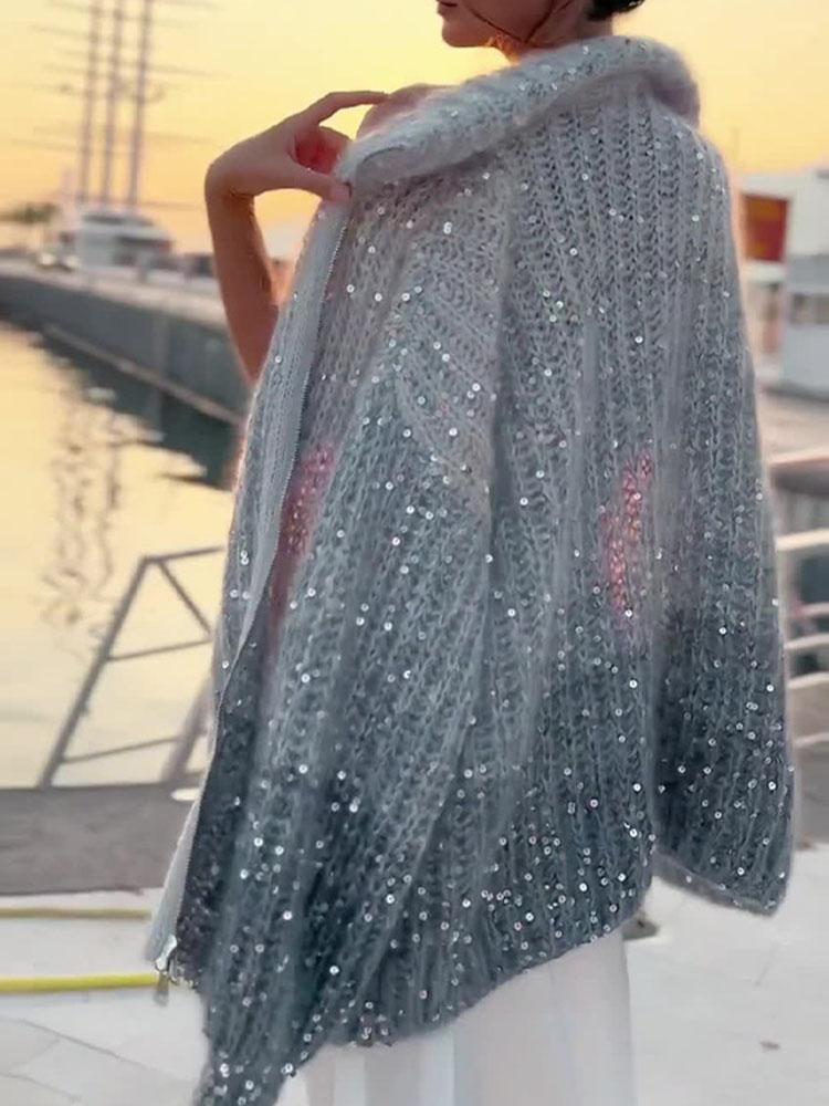 

Женский кардиган свитер из трикотажа с пайетками на молнии и с длинными рукавами и воротником-стойкой XS синий