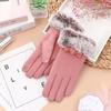 Winter Warm Thick Bow Plush Gloves for Women Non Slip Touch Screen Fashionable Finger Gloves Elegant Simple Cashmere Hairy Glove