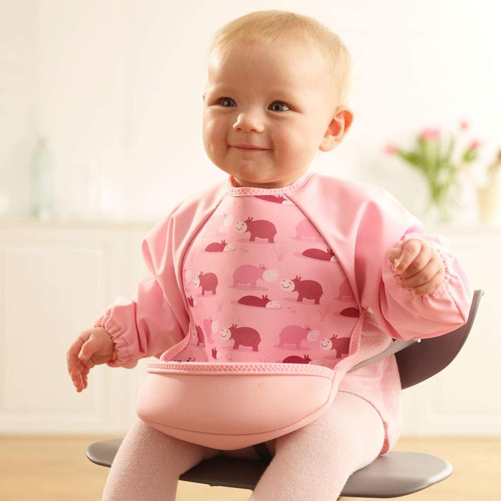 Feeding Long Baby Machine Washable and Dryer UK Brand Ultra Raglan Hippo [VIVETTA] Apron, Sleeve, Food, Spill-proof, Safe, / Bib, Sleeves,