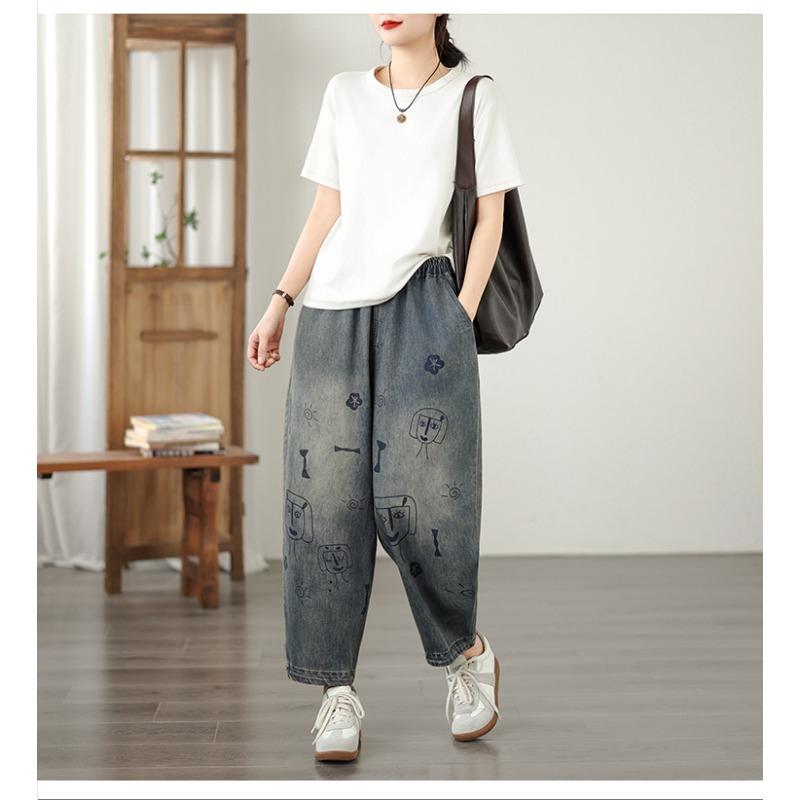 DIMANAF 2026 Summer New Plus Size Women Jeans Elastic Waist Print Long Pants Loose Casual Denim Cotton Trousers Pants