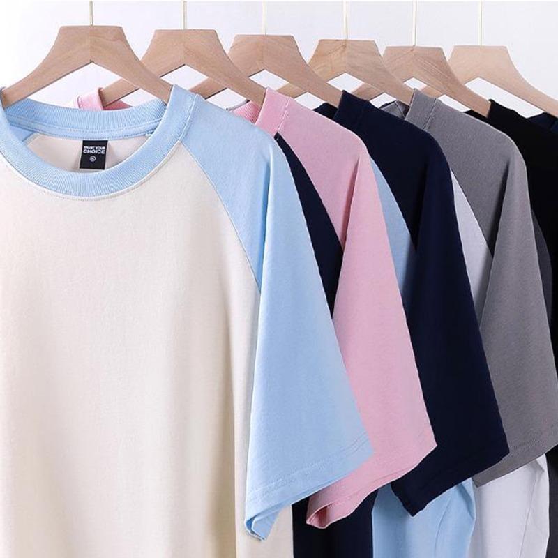 Spring and summer g heavy loose top American retro pure cotton shoulder ramp short sleeve contrasting color couple T-shirt contrasting color design