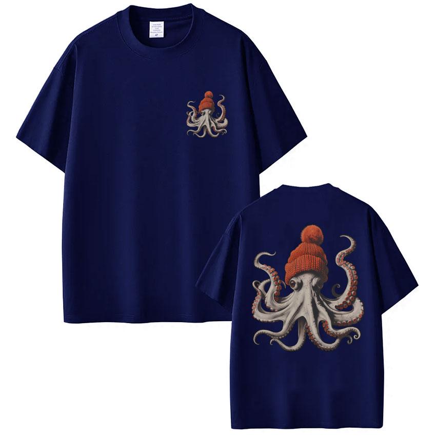 Octopus Wearing Beanie Vintage Style Graphic T Shirt Men Women Fashion Funny 90s Short Sleeve Oversized Cotton T-shirts