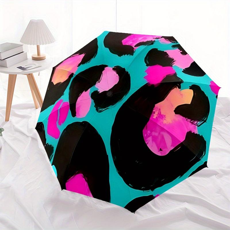 1pc Neon Leopard Print Automatic Folding Umbrella - 8-Rib Iron Frame, Windproof, Portable Sunshade with Plastic Handle for Travel & Outdoor