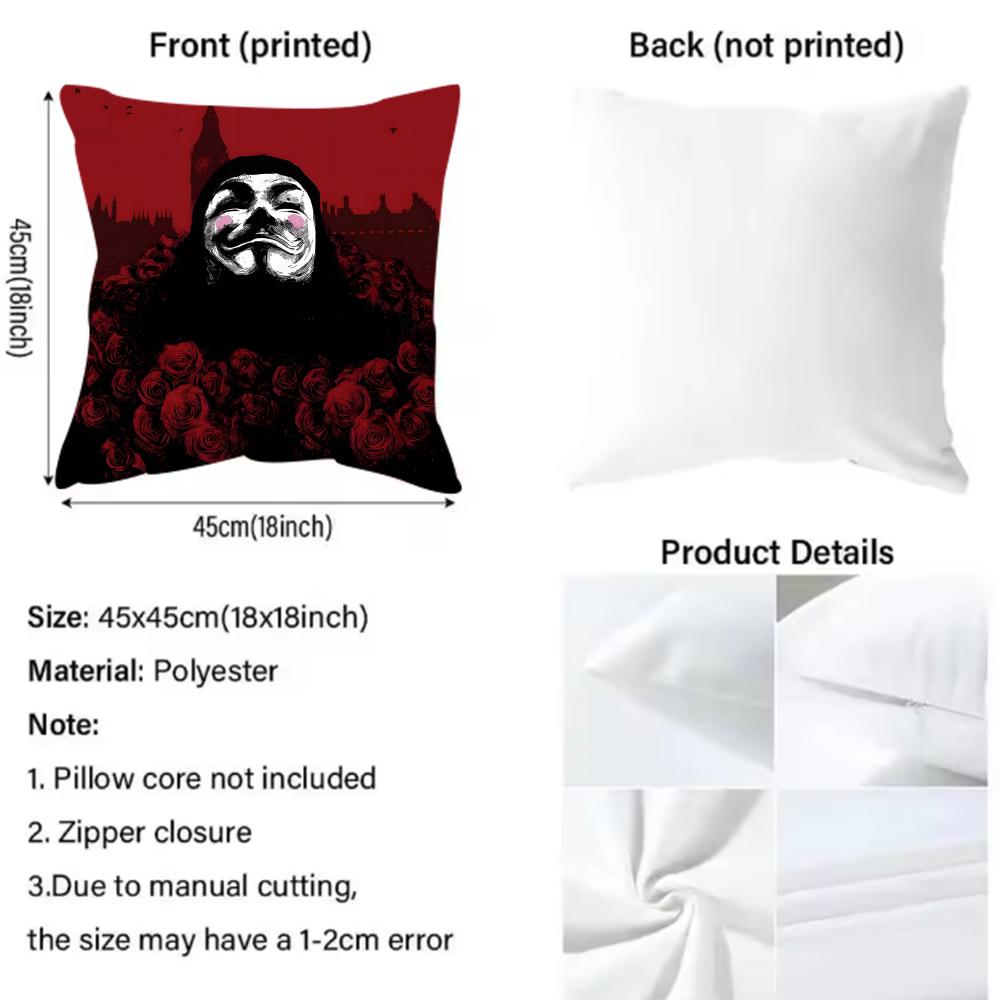 V for V-Vendetta Thriller movie Cushion Cover Pattern Printed Pillowcase for Living Room Sofa Cushion Cover & Bedroom Decor