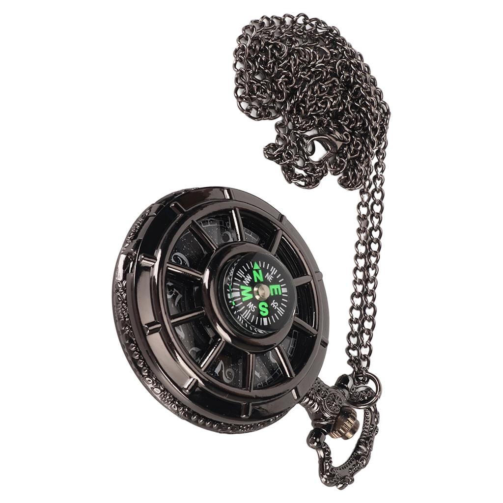 Vintage Pocket Watch Quartz Movement Hollow Out Dial Compass Men Pocket Watch with Chain Black