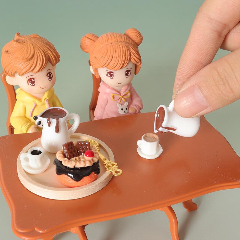 Miniature Dollhouse Food Play Set,Tiny Pancake&Coffee TrayDecor,FakeDessertModel with Syrup Pitcher,DIY Diorama SceneAccessories